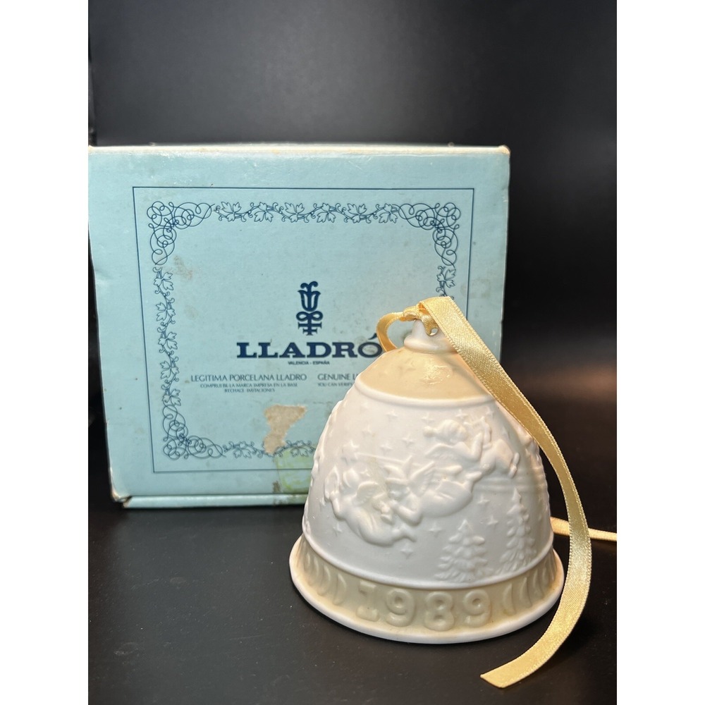 VTG 1989 Lladro Christmas Bell Ornament Bisque Porcelain White Tan Angels w/BOX